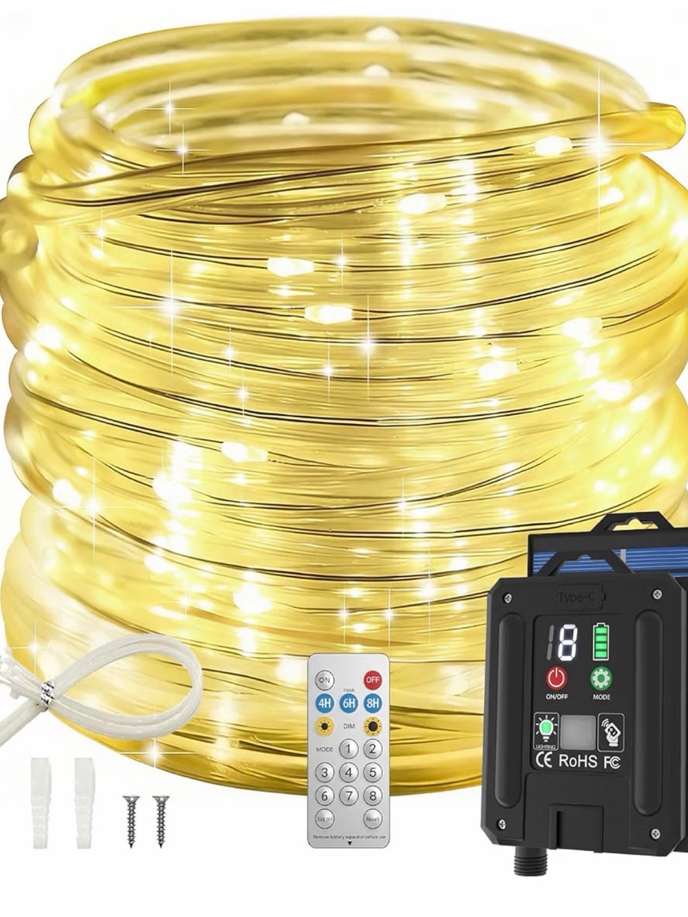 Set of 2 Solar LED Rope Lights - String Lights with Remote